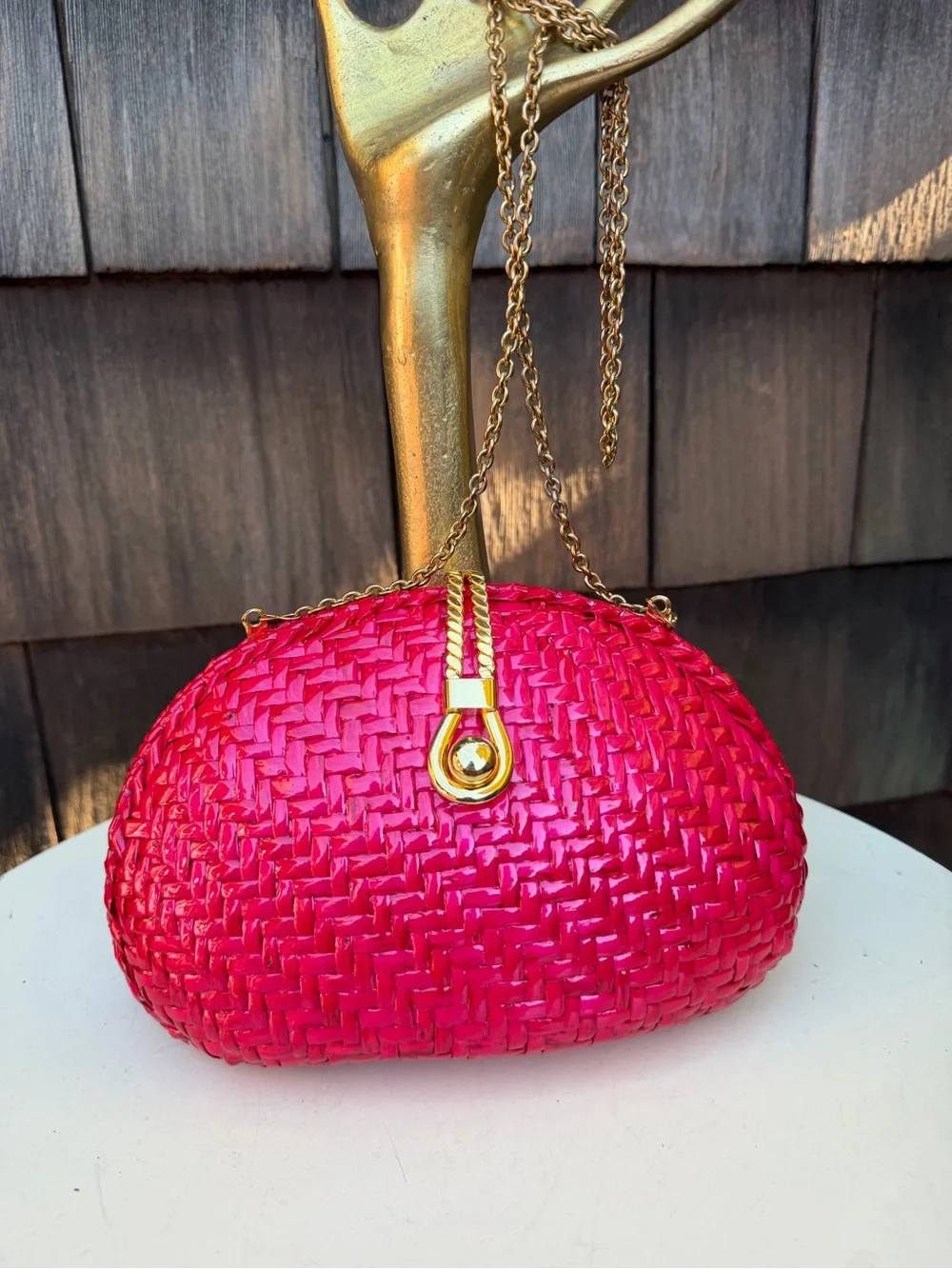 Vintage Vanessa neon pink fuchsia straw bag or clutch with chain strap